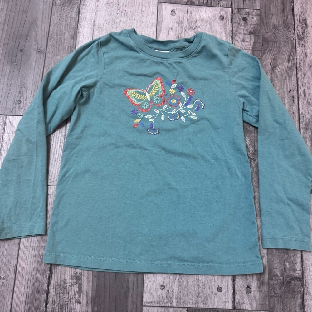 Hanna Andersson Loved Art Long Sleeve Tee Size 8 130cm Green Butterfly Flowers